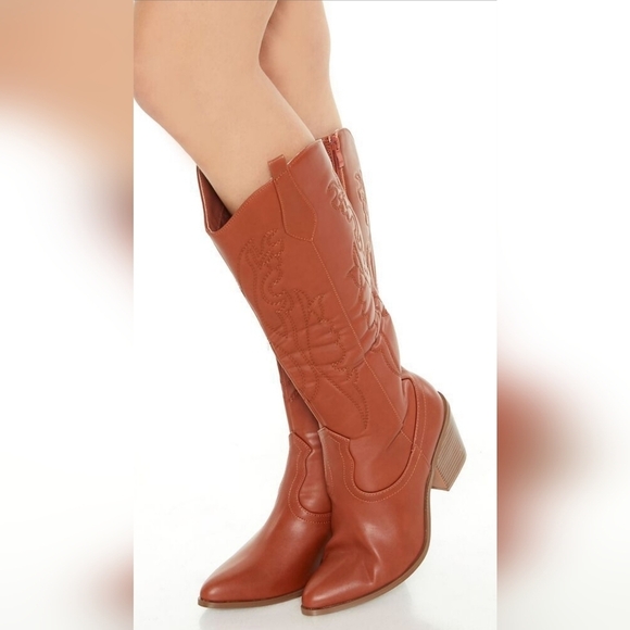 Embroidered Vegan Leather TAN Western Cowgirl Cowboy Boots Zip-up Pointed Toe - Picture 1 of 14
